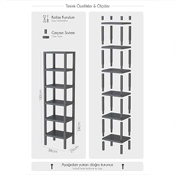 Deconox 6 Katlı Köşe Rafı | Banyo, Mutfak ve Kiler İçin Yer Tasarruflu Organizer | Çok Amaçlı Plastik Raf | 3 Farklı Renk Seçeneği (38x29x152 cm) Dikey ve Yatay Kullanım (GRİ)