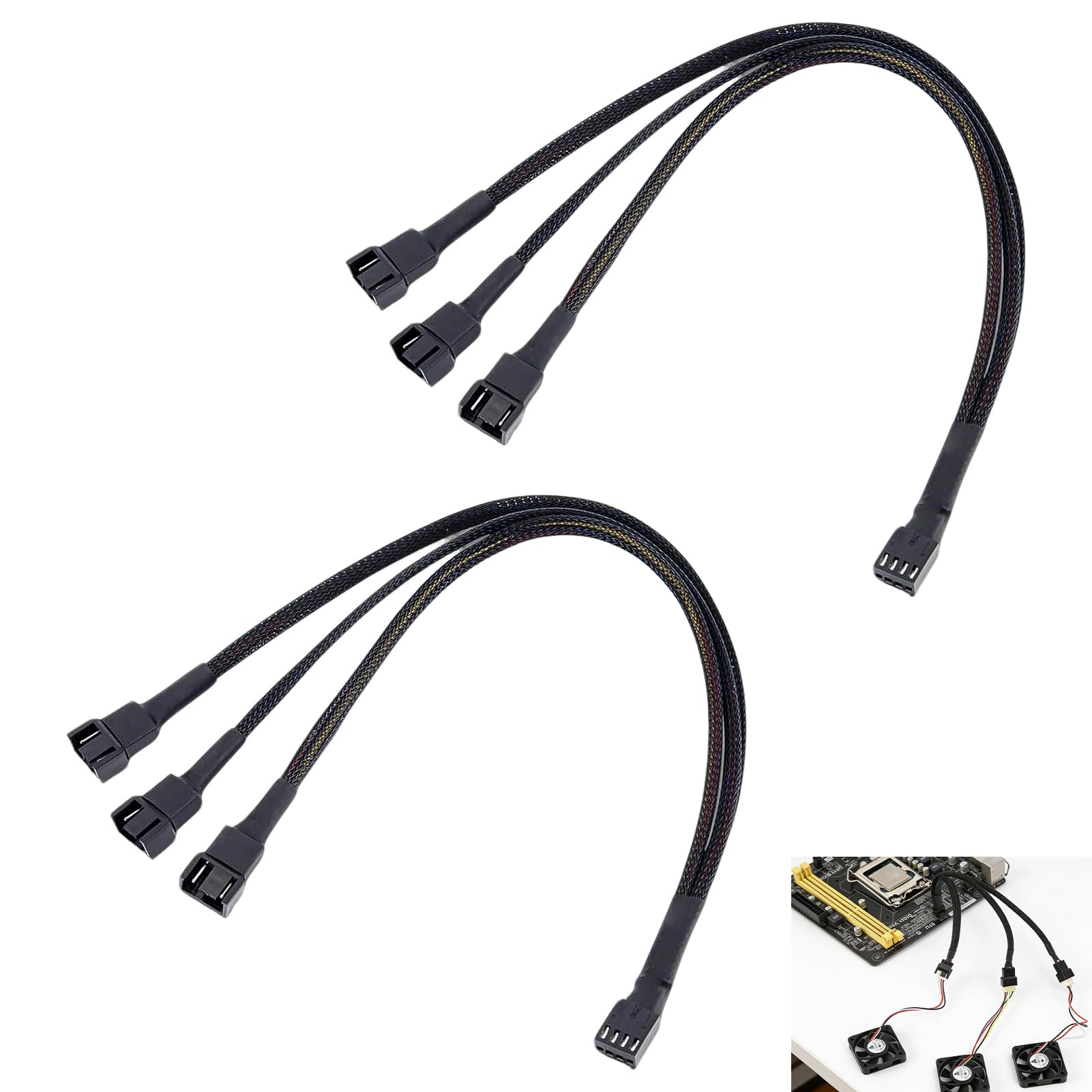 2 Piezas Cable Divisor PWM 1 a 3 Vías, Splitter ventilador PC, Splitter de 4 Pines Compatible con Ventiladores 3 y 4 Pines, Cable Extensión 27 cm Funda Trenzada para Caja, CPU Refrigeración Ordenador