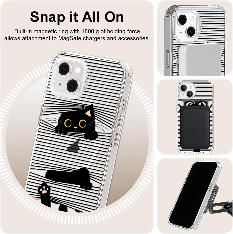 MOSNOVO Case for iPhone 14 / iPhone 13, [Compatible with Magsafe] [Buffertech 6.6ft Military-Grade Drop Protection] [Anti Peel Off Tech] Clear Phone Case Design - Hidden Black Cat - Image 7