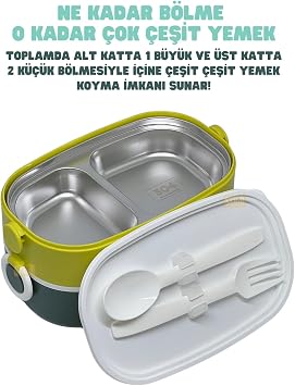Vagonlife Bento 1300ml Lunchbox 2 Katlı 3 Bölmeli Paslanmaz Çelik Sefer Tası Yemek Kutusu (Koyu Yeşil-Fıstık Yeşili)