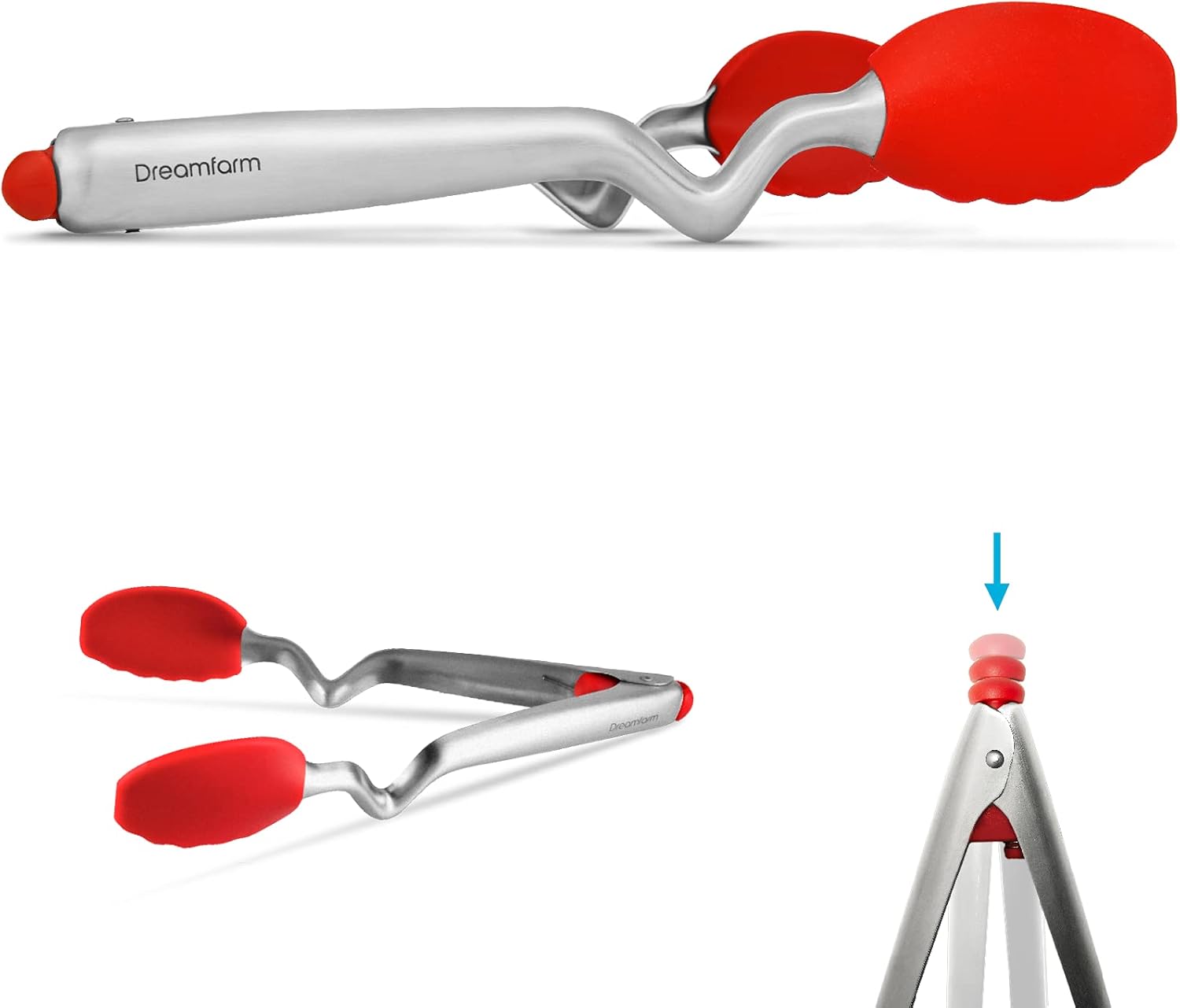 Dreamfarm Clongs | Non-Scratch, Stainless-Steel Tongs with Silicone Heads | Red, 9 Inches