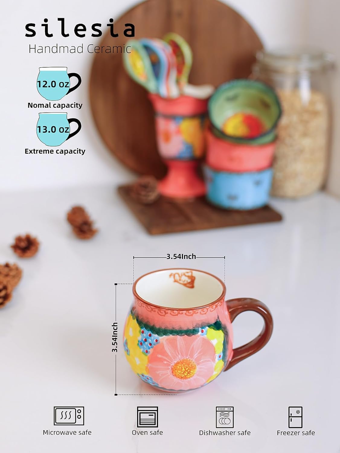 silesia Handmade Coffee Mug with Handle, 12 Ounce Ceramic Hand-Painted Flower Mugs for Home and Kitchen in Gift Box, Oven, Dishwasher & Microwave Safe (Glazed Pink) - Image 4