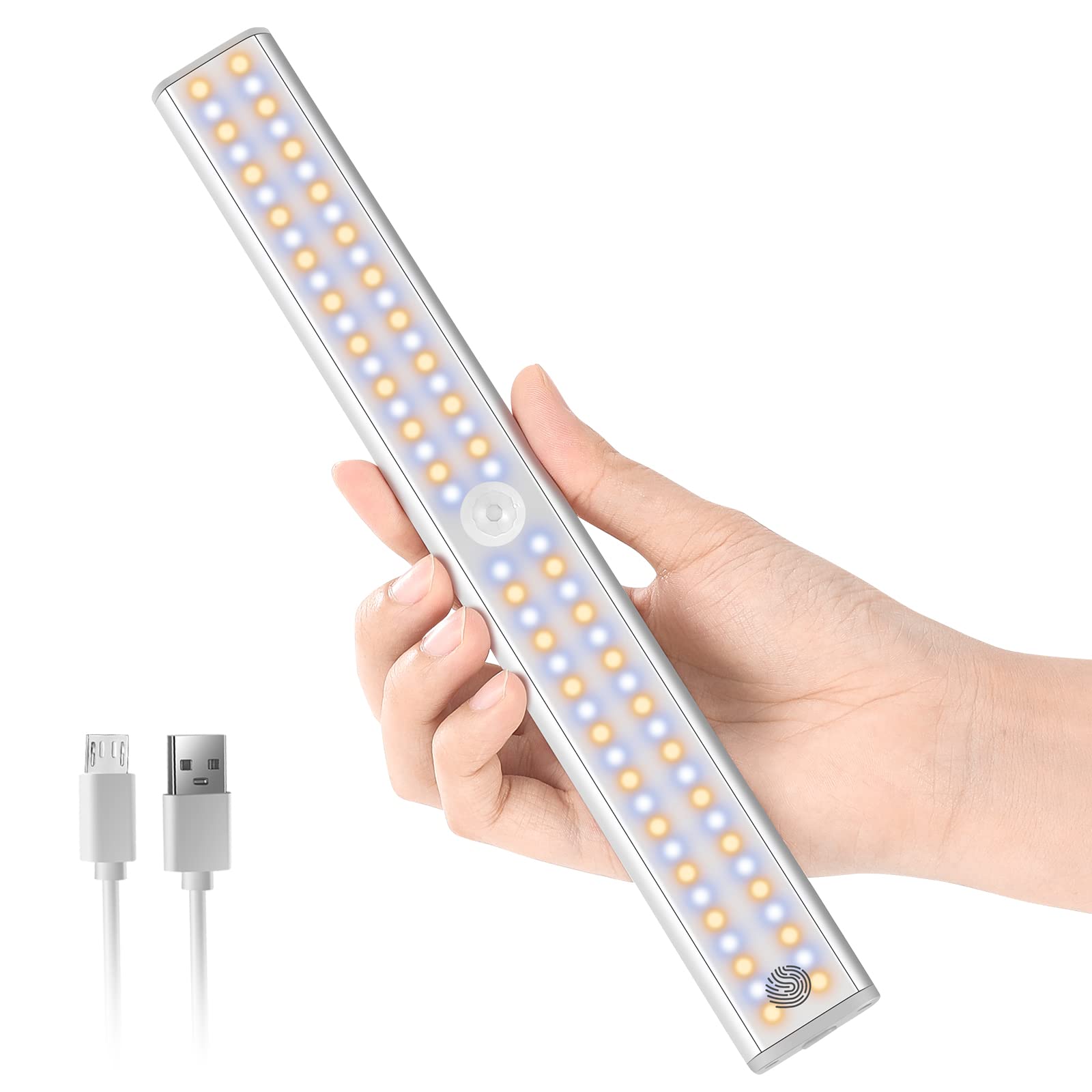 Kabellose Unterschrankleuchten Bewegungsmelder Licht Innen, 80 LED Dimmbare Schrankleuchten Wiederaufladbare Unterschrankbeleuchtung, Kleiderschrank, 1 Stück