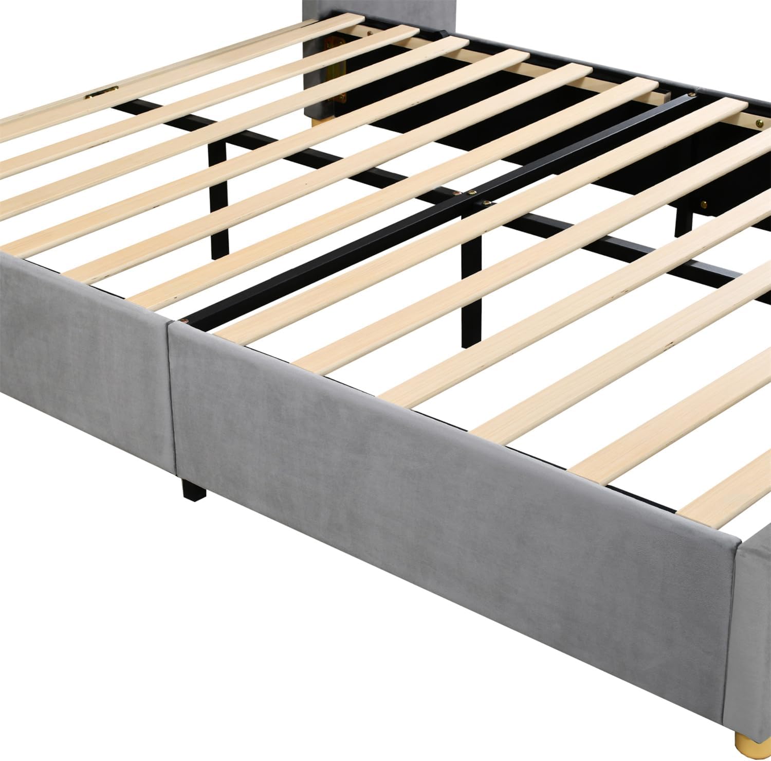 Linique Queen Size Velvet Upholstered Bed with Large Headboard, 2 Shelves, 2 Outlets and USB Charging Ports on Both Sides, 2 Headboard Pillows, Wooden Platform Bed Frame, Grey