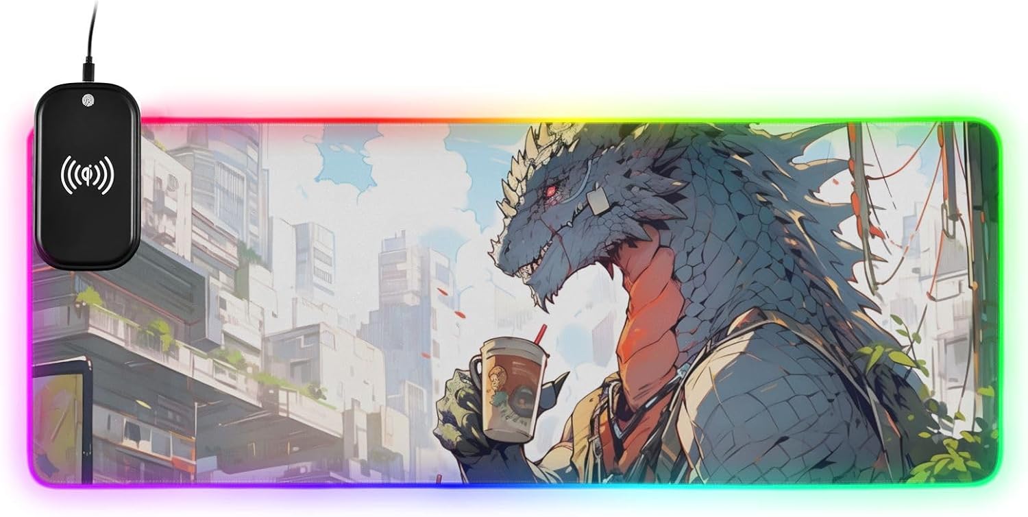 AIXIWAWA Wireless Charging Mouse Pad 15 W, Cartoon Dragon Print RGB Glowing Mouse Soft Mat Large Oversized Gaming Keyboard Pad for Desk