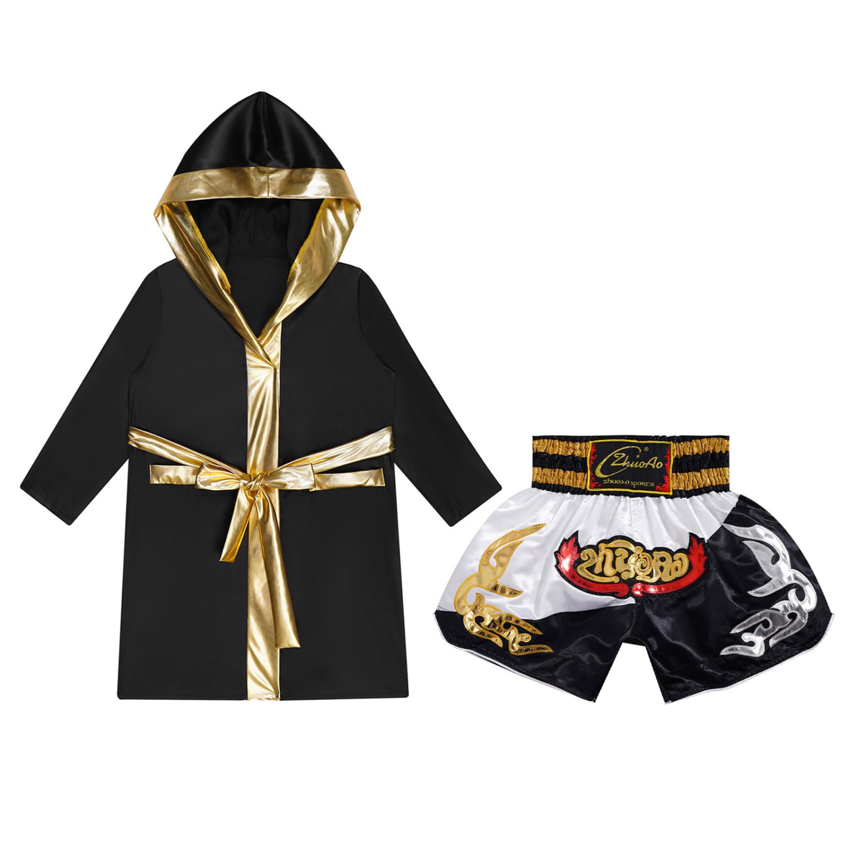 Kickboxer, maillot de kickboxer, en satin, avec short, ceinture, peignoir à capuche, robe de boxe