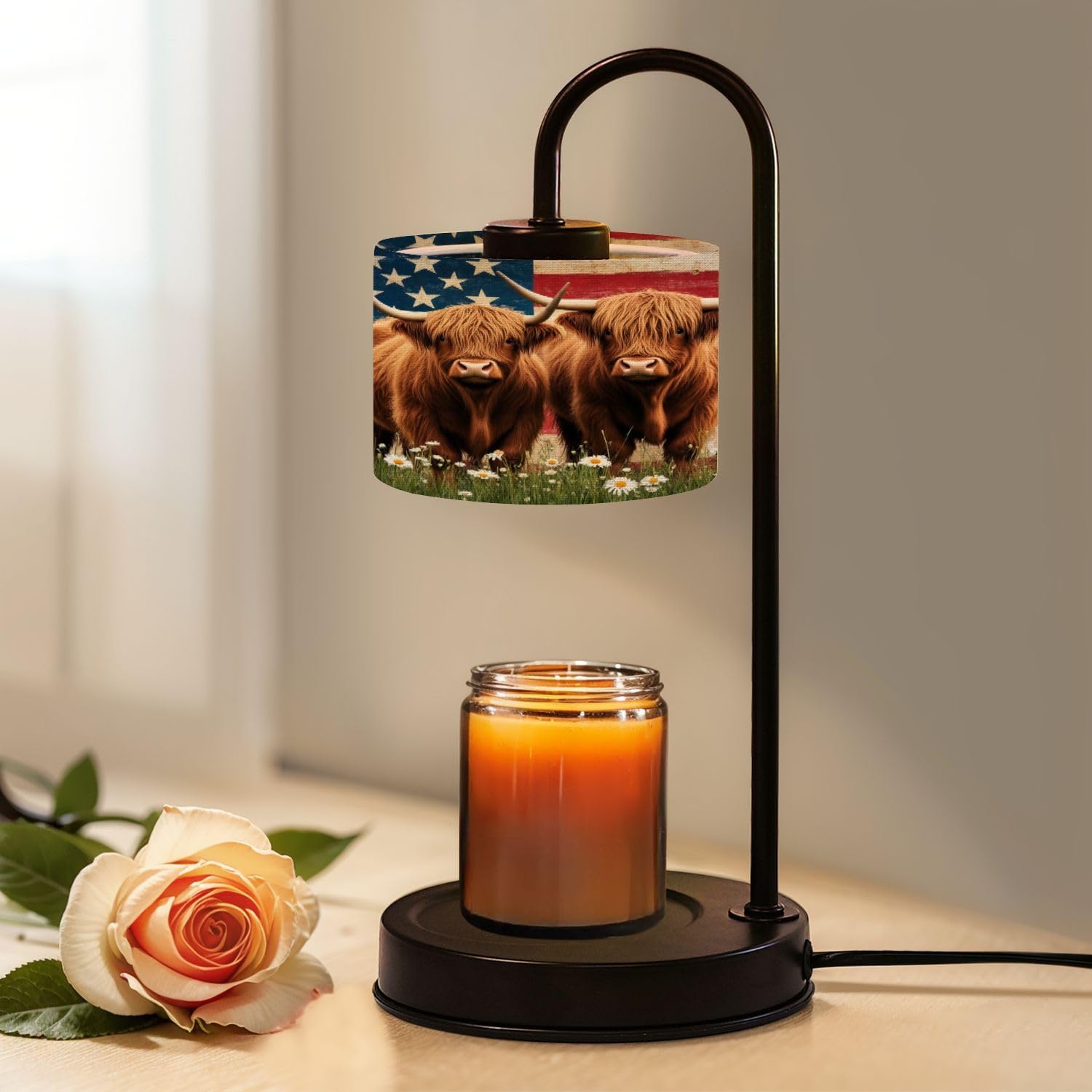 Candle Warmer Lamp with Timer and Dimmer, Farmhouse Highland Cow American Flag Daisy Floral Vintage Country Wax Melt Warmer with 4 Bulbs, House Warming Birthday Gifts for Women Mom New Home Decor