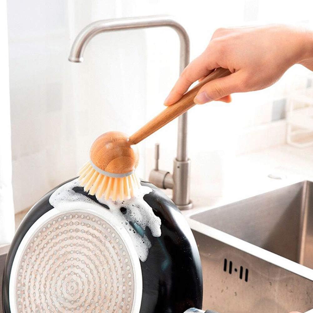 QOMJT Long Bamboo Handle Brush,Bamboo Dish Scrub Brushes,Long Handle Brush Dish Scrubber,Dish Brush with Handle，Kitchen Wooden Cleaning Scrubbers Set,Pans, Household Cleaning -Pack of 2-(Brown-Long)