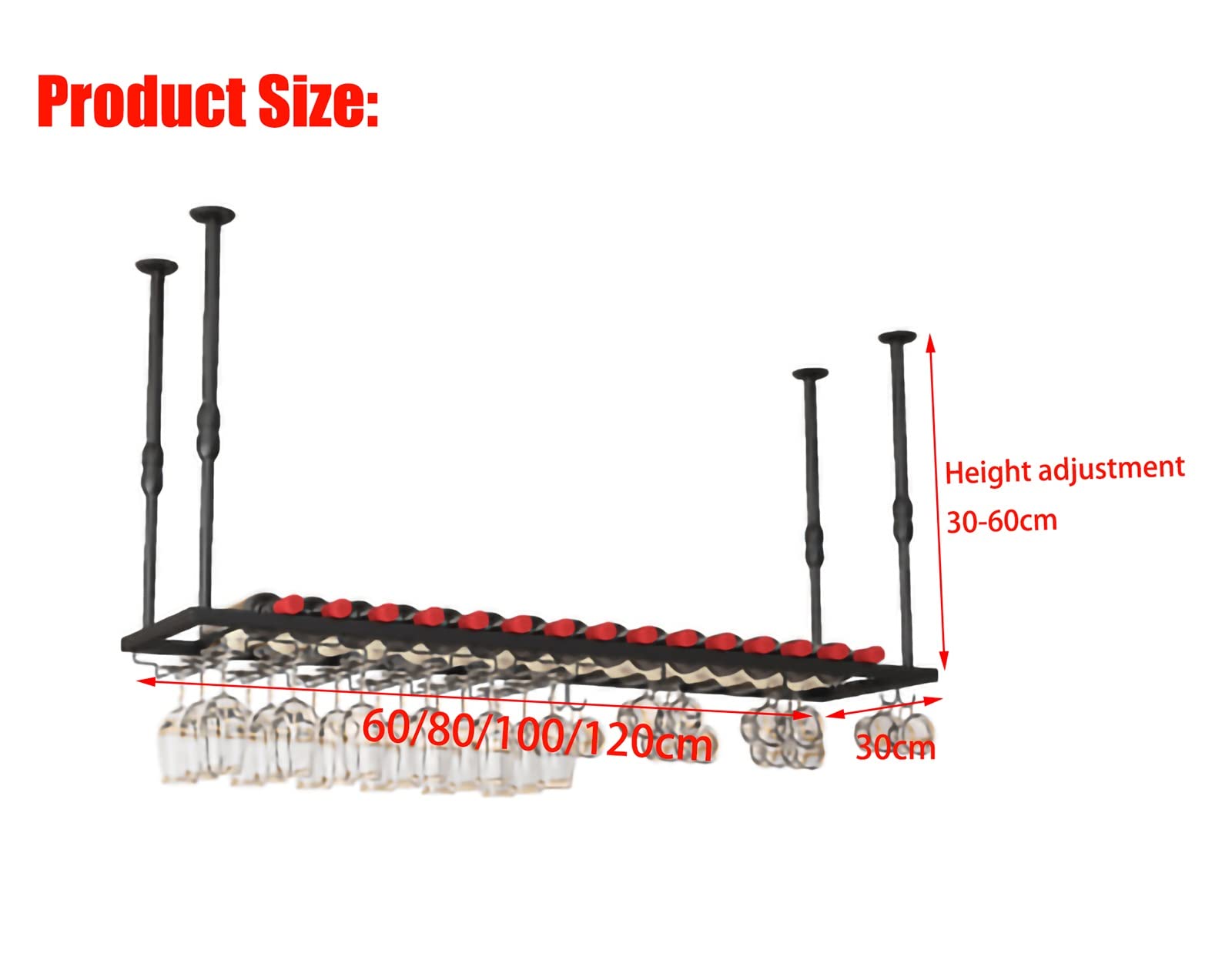 QRBNFRDE Ceiling Wine Rack Hanging Display Wine Storage Holder with Stemware Holder, Adjustable Height Black Wall Mounted Single Layer Wine Bottle Holder,Black-120x30cm