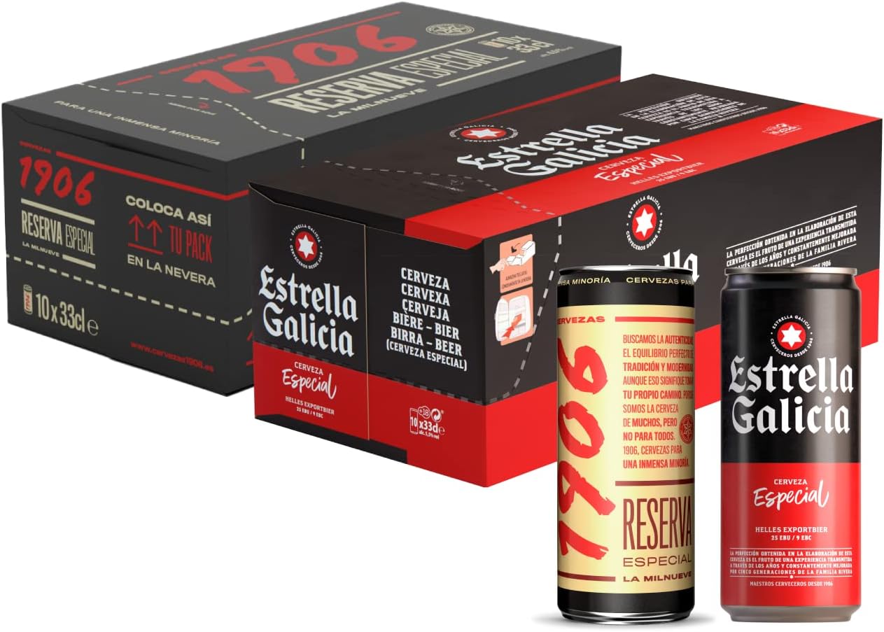 10 latas de cerveza Estrella Galicia Especial + 10 latas de 1906 por 12,08€ ¡¡12% de descuento!!