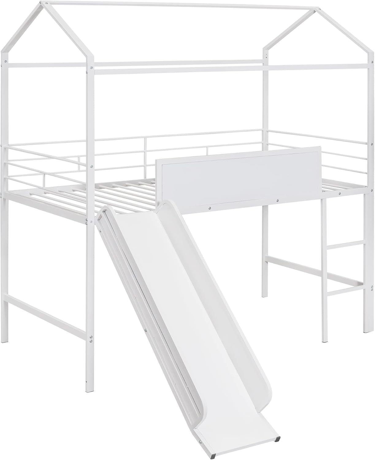 Twin House Loft Beds with Slide and Chalkboard, Low Loft Bed Twin Size, Metal House Bed with Guardrail and Ladder, Metal Twin Size Loft Bed for Kids Teens Girls Boys (Twin, White)