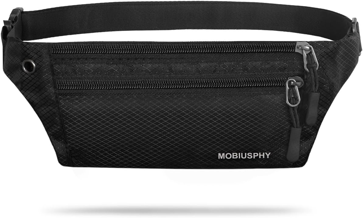 MOBIUSPHY Bum Bag Waist Pack Waterproof Waist Bag Large Capacity Fanny Packs for Women Men Belt Bag 3 Pockets for Walking Holidays Hiking Cycling Running Outdoor Sport Black