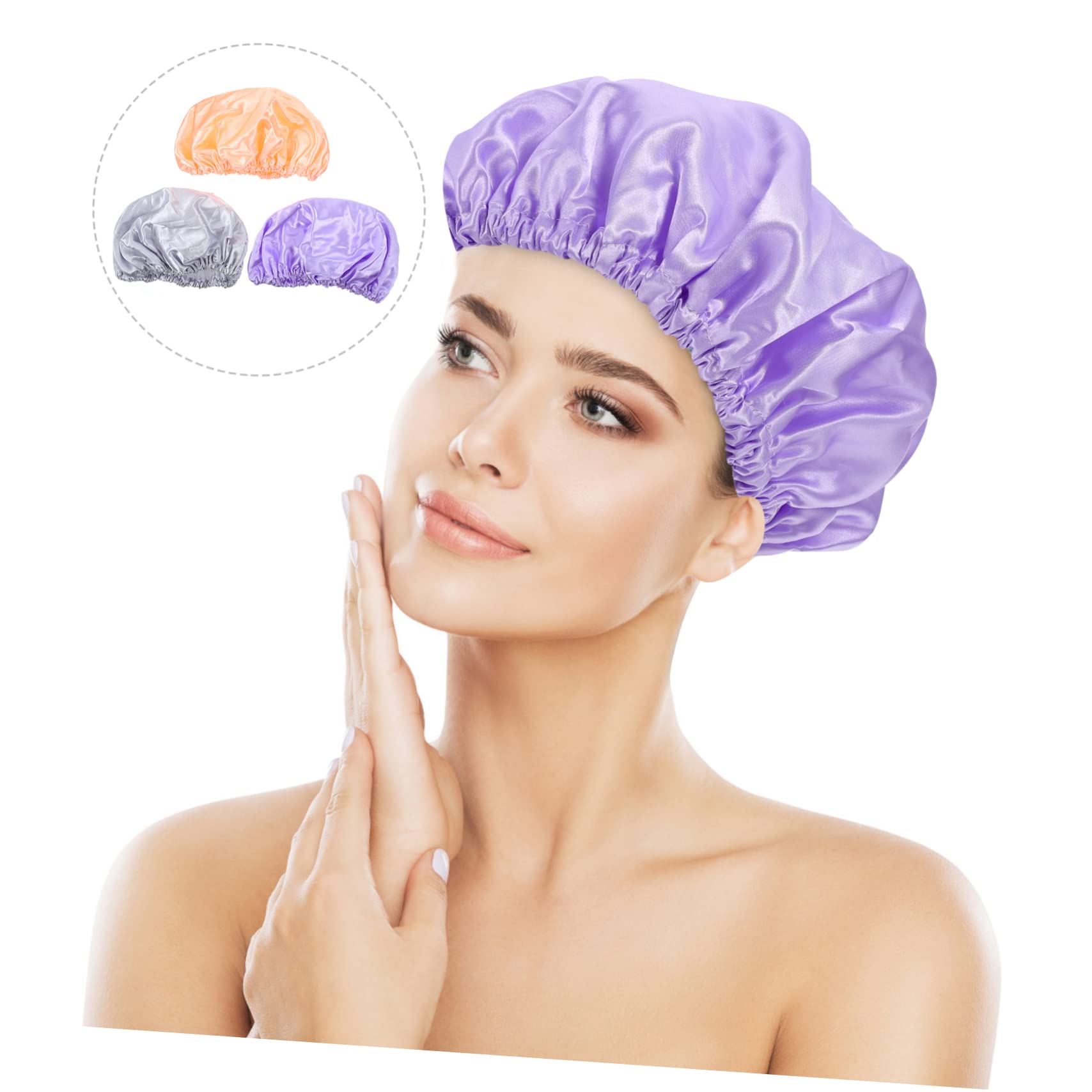 3 piezas Gorro de Ducha Reutilizable para Mujer Pack de Satinado Gorro para Baño y Color Rosa Melocotón Gris