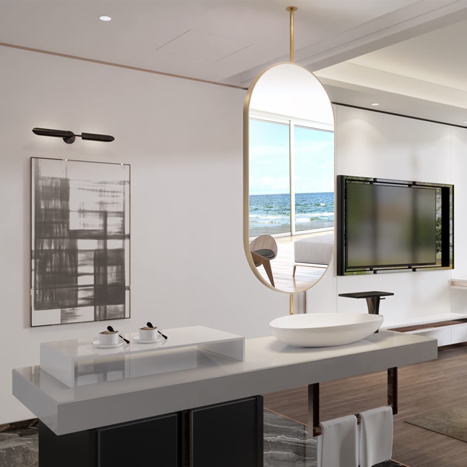 Miroir ovale suspendu en métal doré 40x60 avec tige de fixation haut de gamme