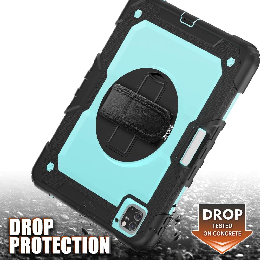 Best Cyber Monday 🔥 iPad Pro 12.9 Case 4th Generation with Screen Protector | SIBEITU iPad Pro 12.9 2020 Case with Pencil Holder | 3 Layers Shockproof Heavy Duty Protective Cover w/ Kickstand Handle Strap | SkyBlue