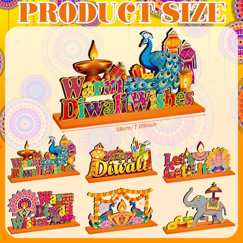 Image of CroBlissful 6 Pcs Diwali Wooden Table Centerpiece Warm Diwali Washes Wooden Table Sign Festival Candle Elephant Peacock Signs Farmhouse Wood Tabletop Decor for Home Party, 6 Styles