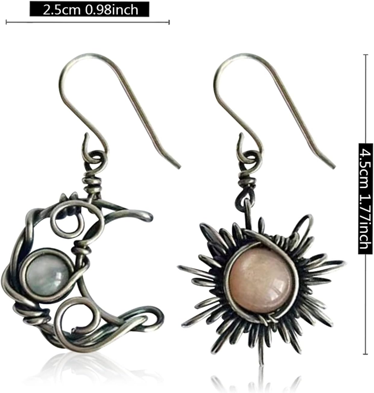 Unique Boho Vintage Asymmetry Opal Sun and Moon Drop Dangle Earrings Moonstone Natural Stone Hook Bohemian for Women Asymmetrical Antiqued Silver Celestial Jewelry - Image 2
