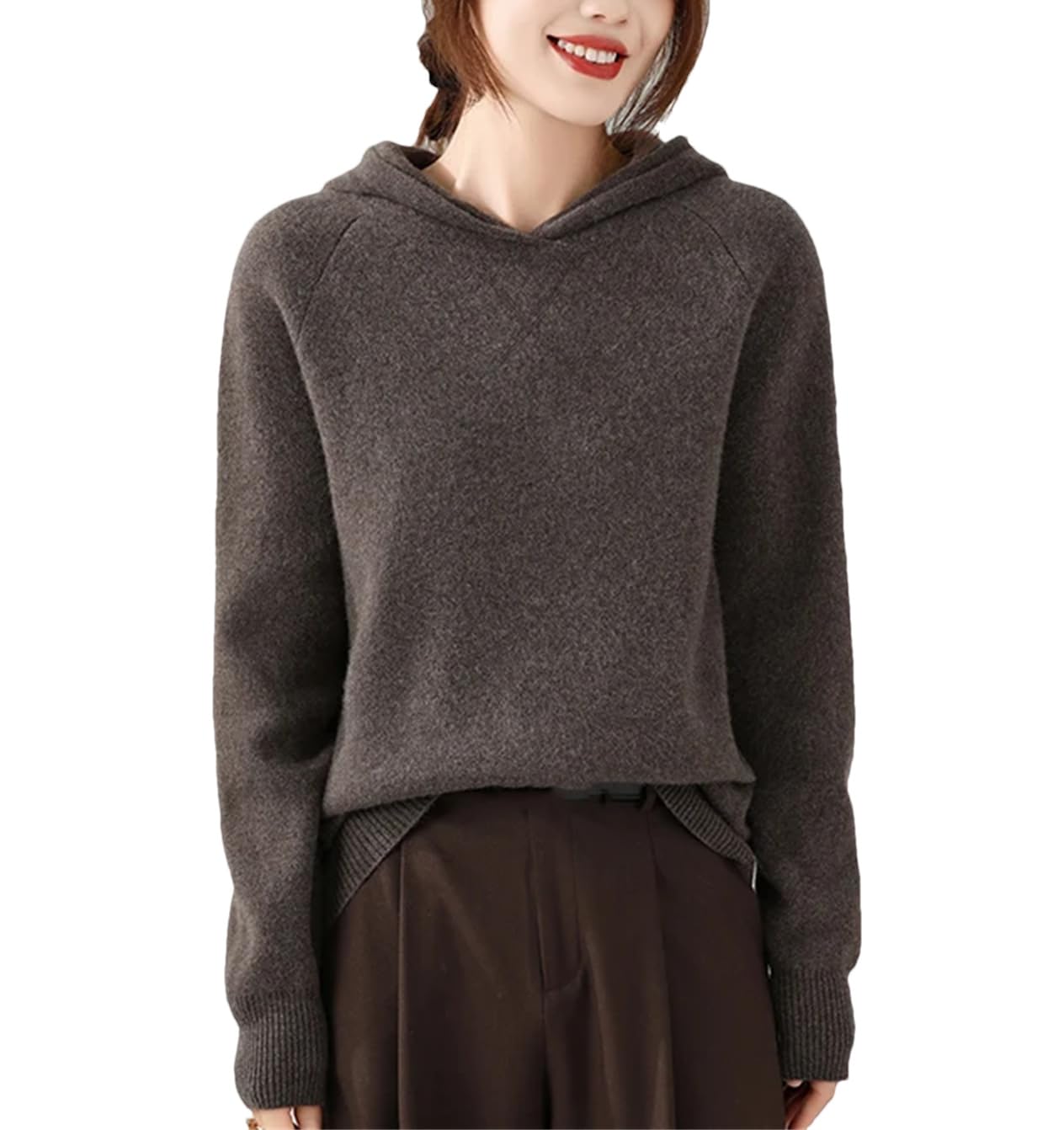 Yeuyyben Maglione da donna in cashmere con cappuccio a maniche lunghe pulsante inverno ispessimento caldo maglia top femminile, Colore caffè., L