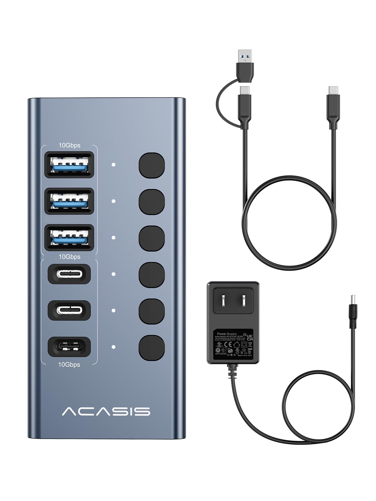 Hub USB 3.2 alimentado, ACASIS 6 puertos USB 3.2 (3 puertos USB-A 3.2 + 3 puertos USB-C 3.2), concentrador USB de aluminio alimentado con adaptador de corriente de 48 W, concentrador USB para PC