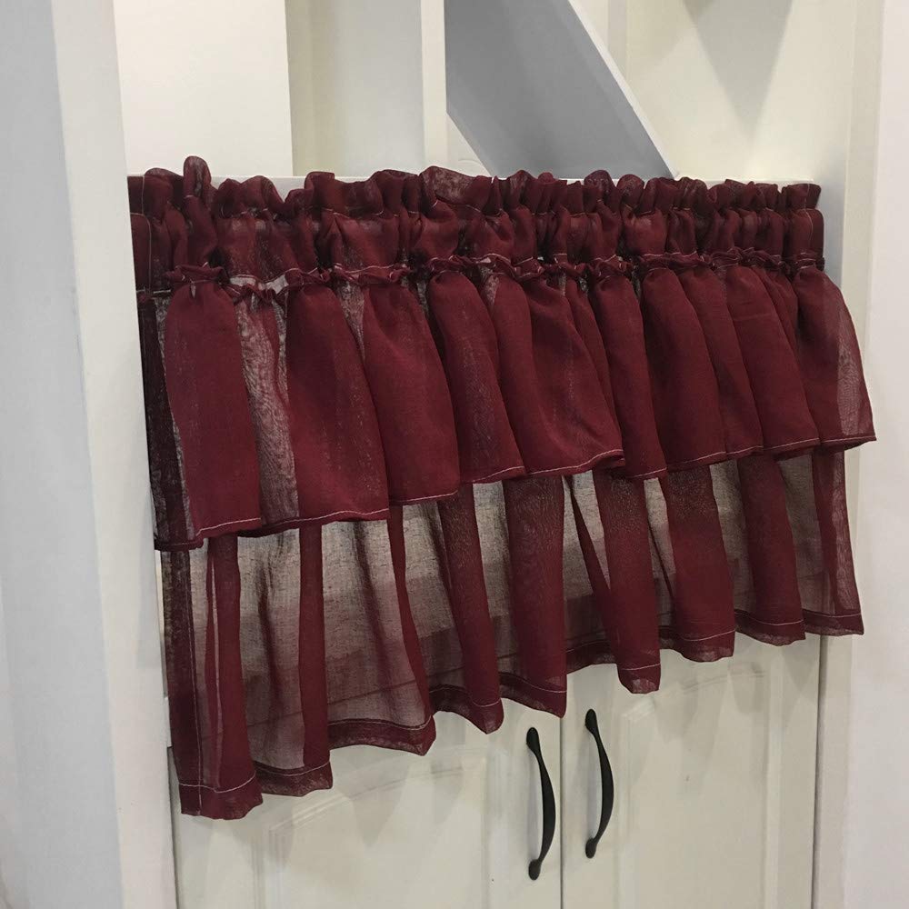 Gxi Ruffle Pure Burgundy Curtain Valance for Kitchen Linen Look Rod Pocket Solid Sheer Voile Panel for Cafe Window Curtain Tier for Small Windows Bath, W39 x L31 Inch, 1 Panel