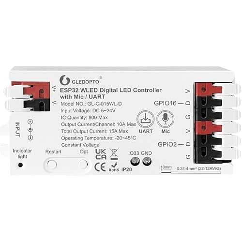 GLEDOPTO ESP32 WLED LED Strip Controller Mic UART Download Music Sound Dynamic Mode RGB IC DIY WiFi APP Control Easy Wiring for WS2811 WS2812 SK6812 TM1814 WS2813 WS2815 FCOB Addressable Strip Light