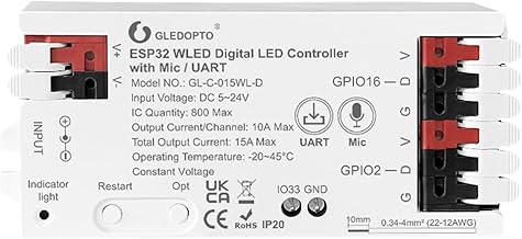 GLEDOPTO ESP32 WLED LED Strip Controller Mic UART Download Music Sound Dynamic Mode RGB IC DIY WiFi APP Control Easy Wiring for WS2811 WS2812 SK6812 TM1814 WS2813 WS2815 FCOB Addressable Strip Light