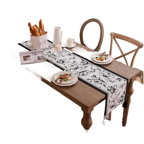NIUSABOU Kitchen Dining TableDecoration, Black And White Table Runner With Tassel, Coffee Cover, For Party, 35x140-300cm(A,35x200cm(13.7x78.7in))