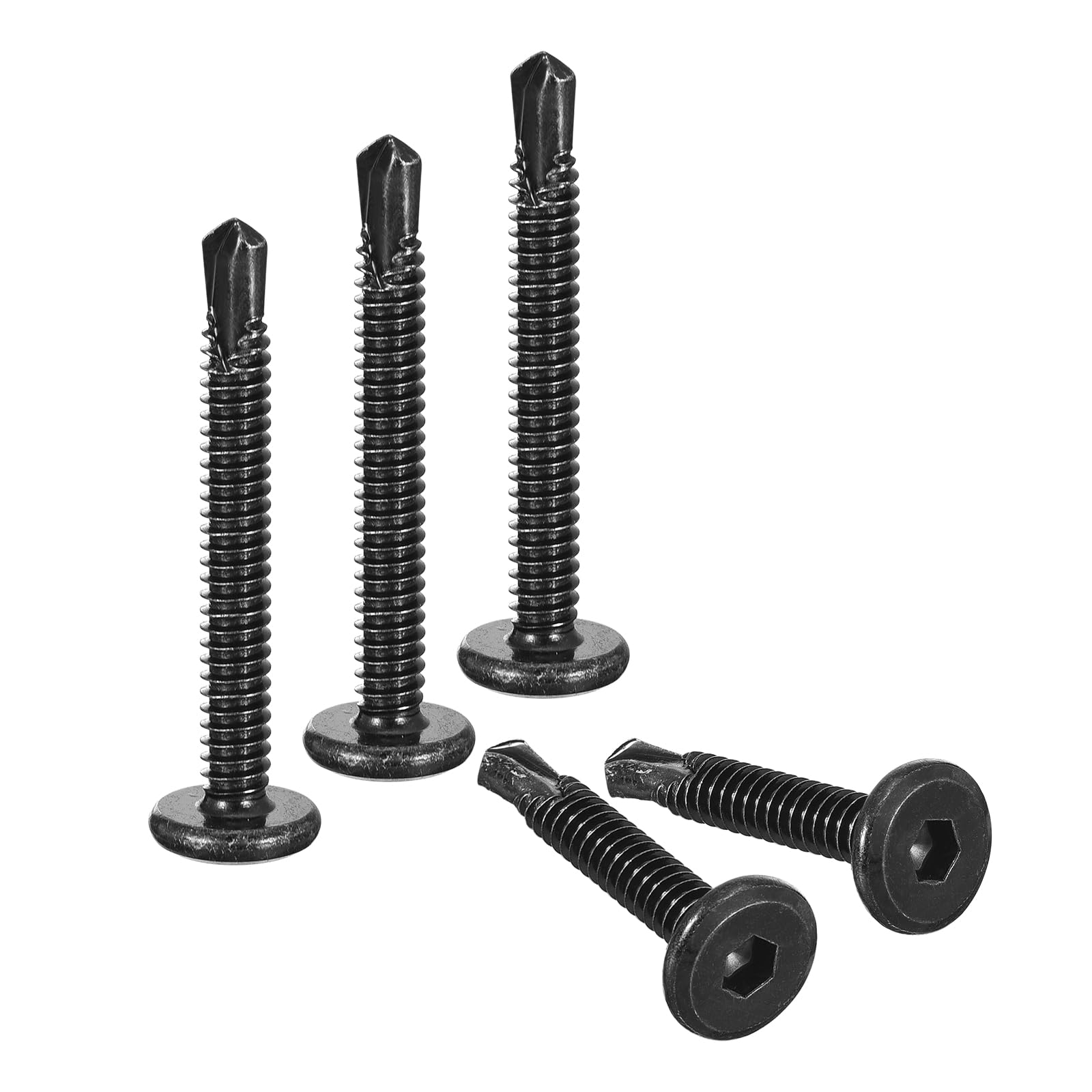 uxcell Tornillos autorroscantes hexagonales, #10 x 1-3/4 pulgadas 410 de acero inoxidable 410, tornillo de perforación de cabeza plana, 100 unidades, color negro