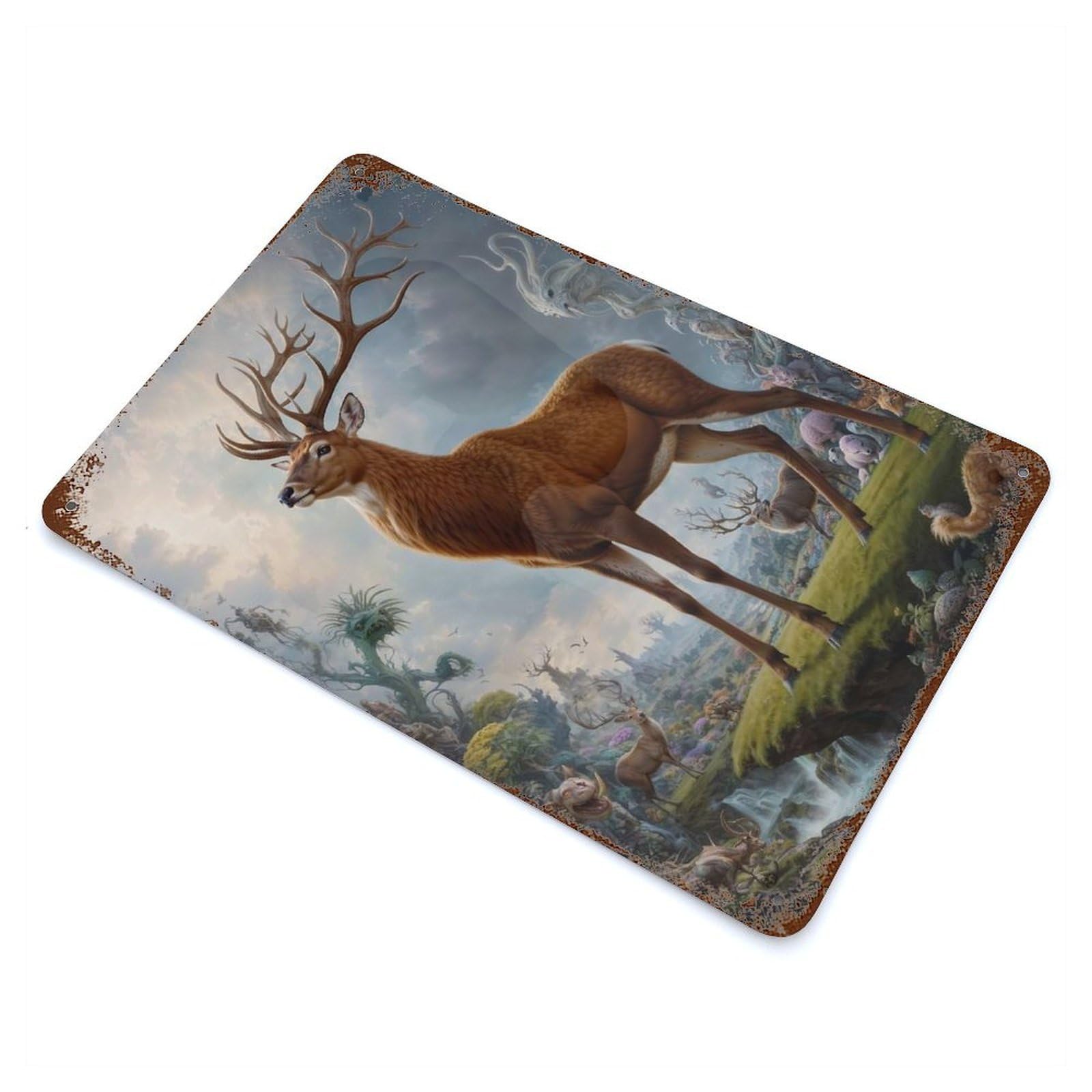 Weathered Tin Sign Fantastical Deer Encounter 11.8"x7.9", Rustic Home Decor for Basement, Hobby Room And Garage Decor
