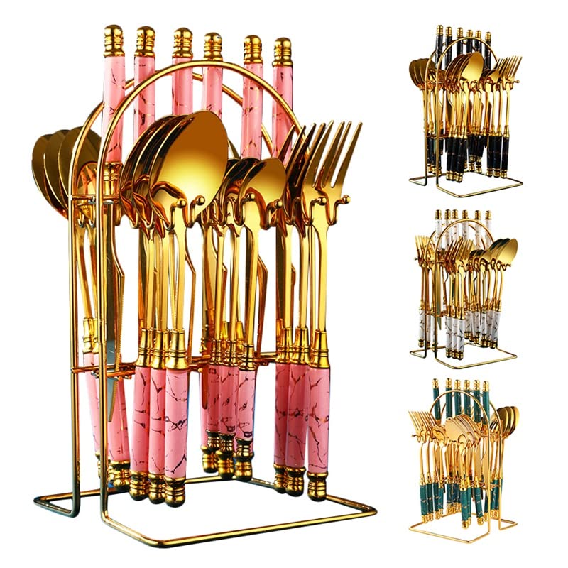 Ensemble de couverts en argenterie, ensemble vaisselle 24 pièces, acier inoxydable avec support rangement, couteau, fourchette, cuillère, luxe, rose