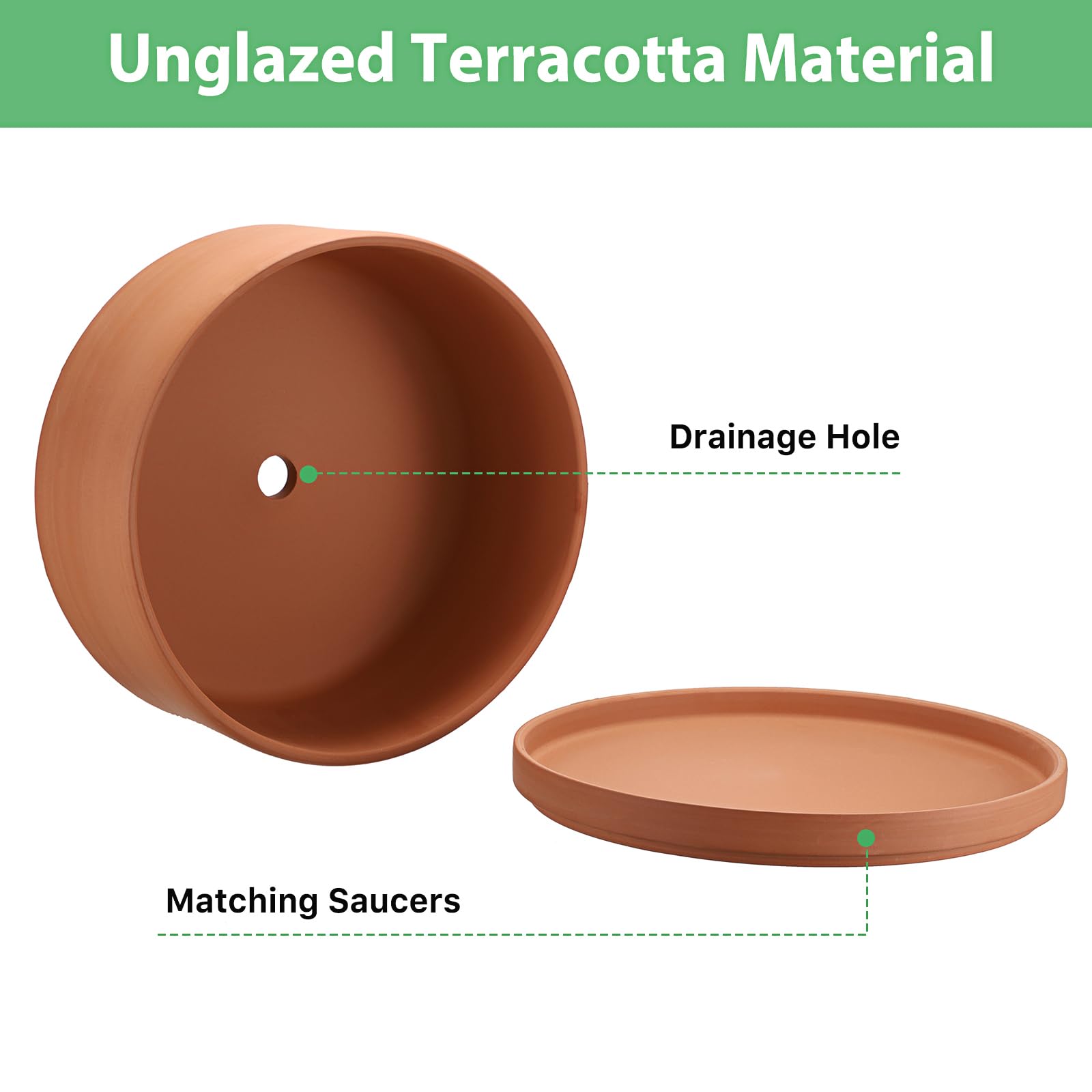 SUMTree Vasi per piante in terracotta, diametro 25,4 cm, vaso poco profondo per piante da interno ed esterno, vaso rotondo per piante grasse con foro di drenaggio, vaso in argilla per bonsai, fioriera