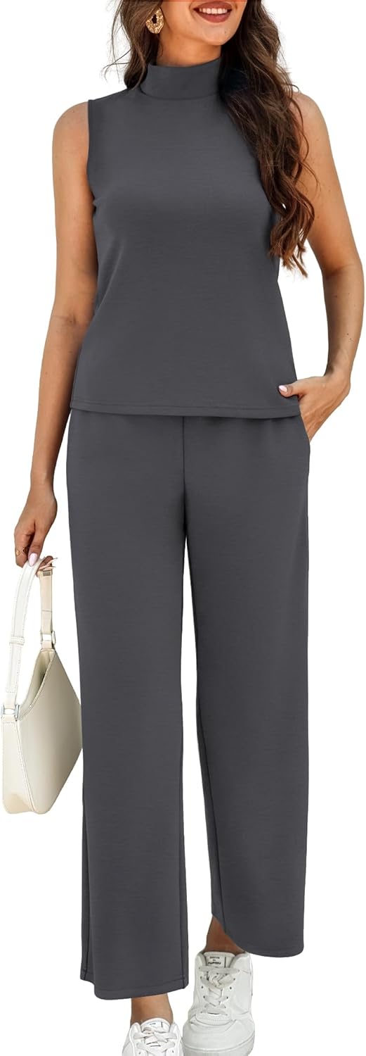 Women's Summer 2 Piece Outfits Mock Neck Tank Top Cropped Wide Leg Pants Lounge Sets 2025 Fashion Tracksuit