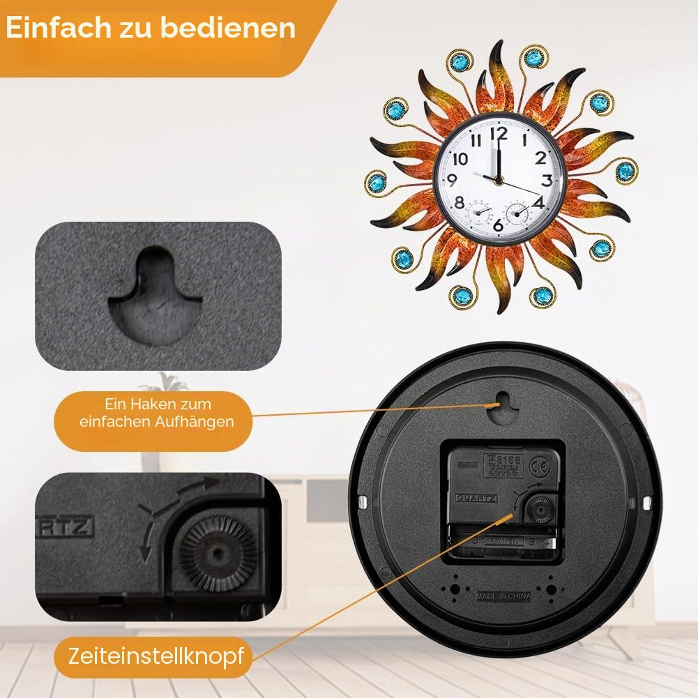 Sun Outdoor Uhr mit Thermometer und Hygrometer Combo, Silent No-Ticking Outdoor Wanduhr, wasserdichte Quarzuhr für Terrasse, Wohnzimmer, Küche, Garten, 13 Zoll