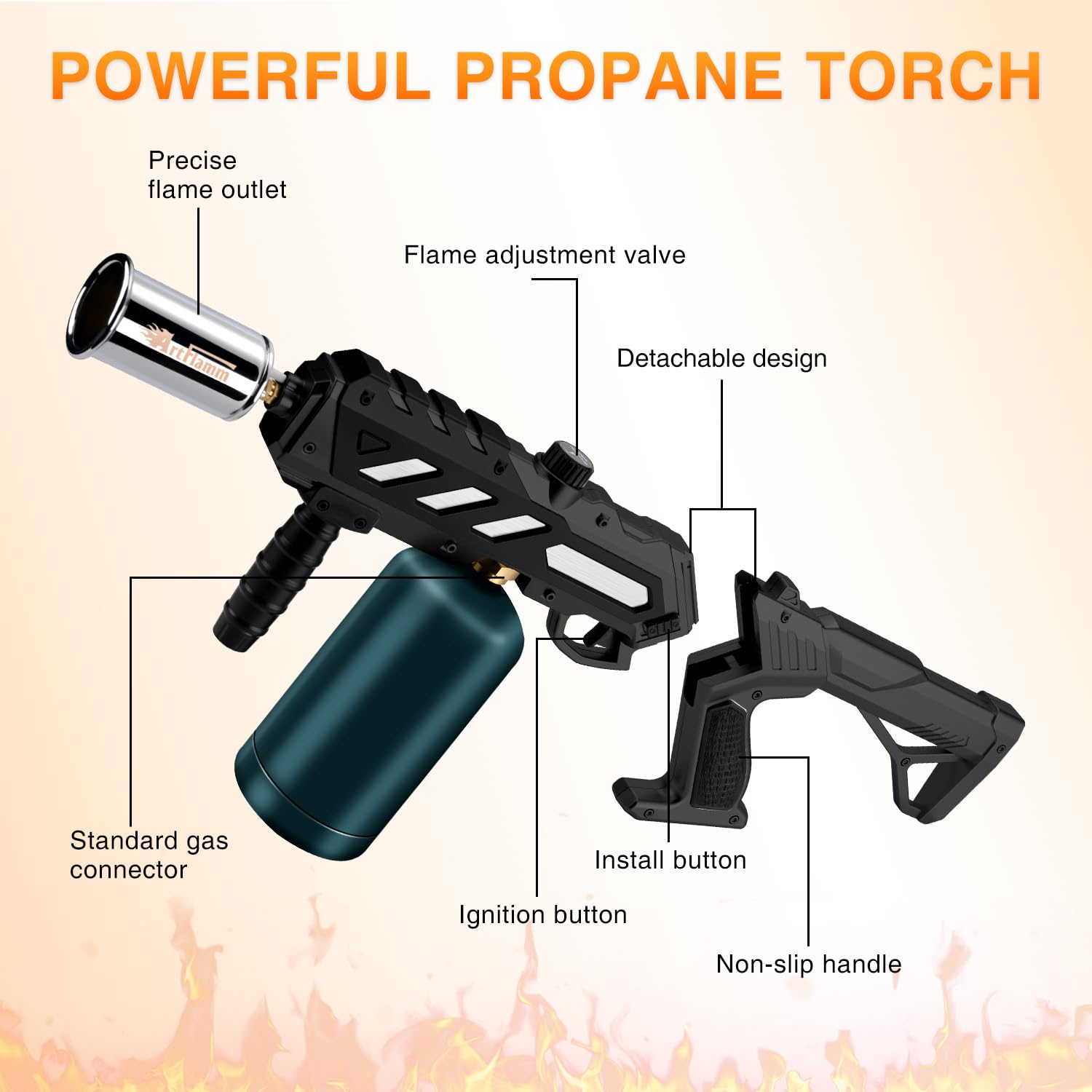 ARTFLAMM Potente pistola de propano, linterna de parrilla de cocina con diseño desmontable, quemador de antorcha ajustable para asar filetes, barbacoa, soldadura, encendedor de carbón de camping