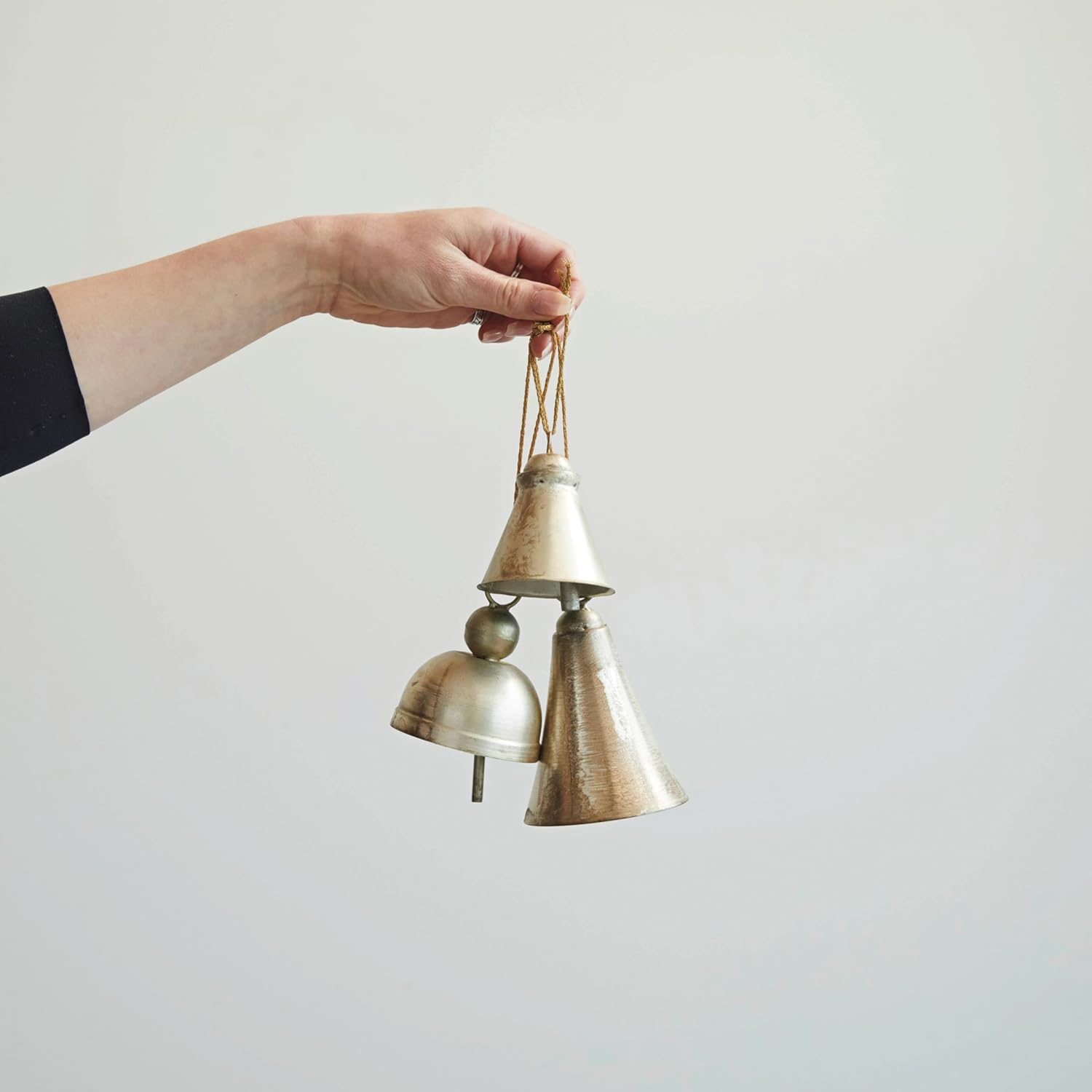 Creative Co-Op Hanging Metal Bells on a Gold String, Distressed Pewter Finish, Set of 3