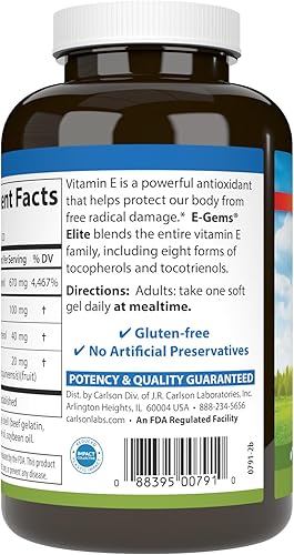 Miniatura 3 de Carlson - E-Gems Elite, 1000 UI de vitamina E con tocoferoles y tocotrienoles, salud cardíaca y bienestar óptimo, antioxidante, 120 geles blandos
