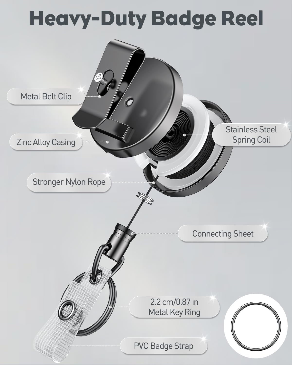 Uniclife 2 Pack Metal Retractable Keychain Heavy Duty Retractable Badge Reel for Badge Holder All Metal Casing with Stainless Steel Spring Coil 27.5 Inch Nylon Rope Belt Clip and Key Ring - Image 5