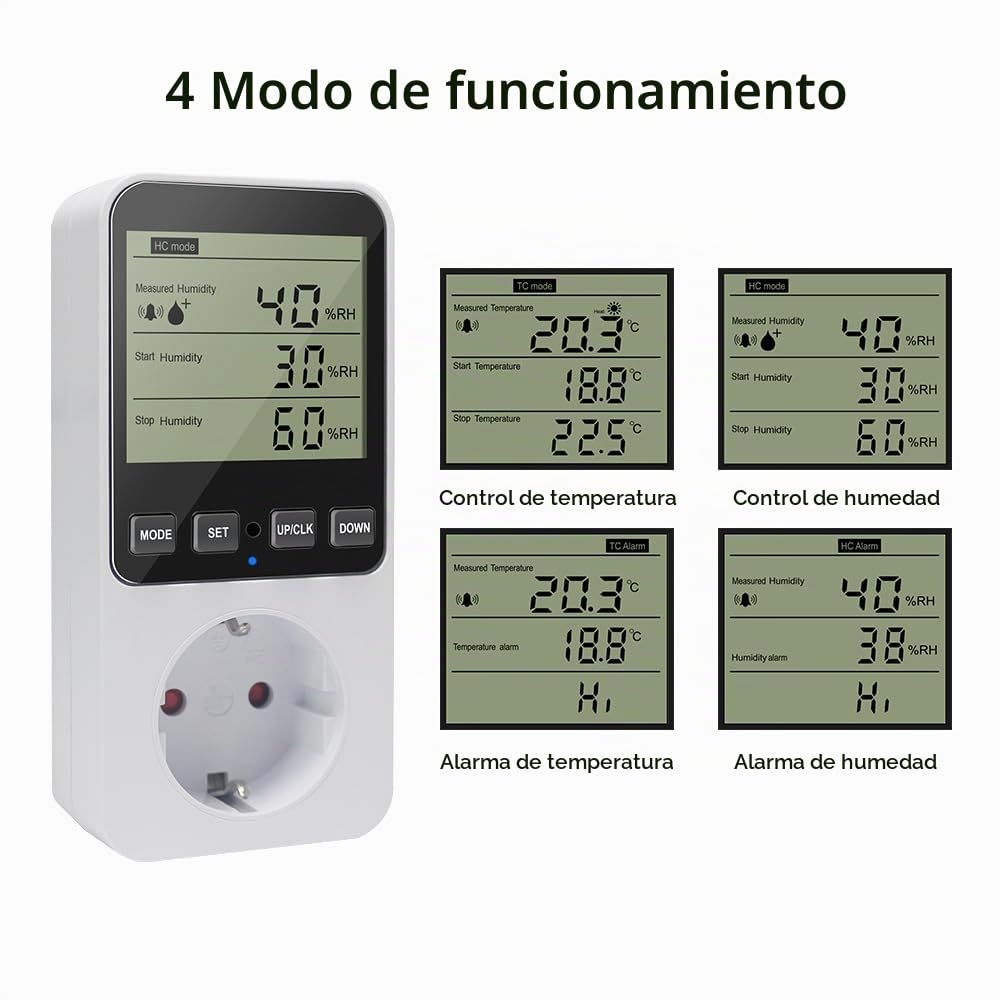 KETOTEK Controlador de Humedad/Temperatura, Humidistato Regulador Digital con Sonda, Higrostato Enchufe con Alarma para Incubadora Invernadero Humidificador Deshumidificador