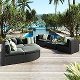YSWH 7-Piece Outdoor Patio Cushioned Curved Sofa Set with Striped Green Pillows, Half Moon Wicker Fu