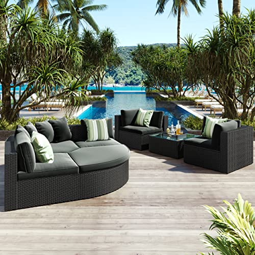 Dhpm 7-Piece Outdoor Wicker Coffee Table, Rattan Lounger, Sectional Set With Fan-Shaped Striped Green Pillows, Conversation Sofa For Patio Garden Deck, Gray #TOP1
