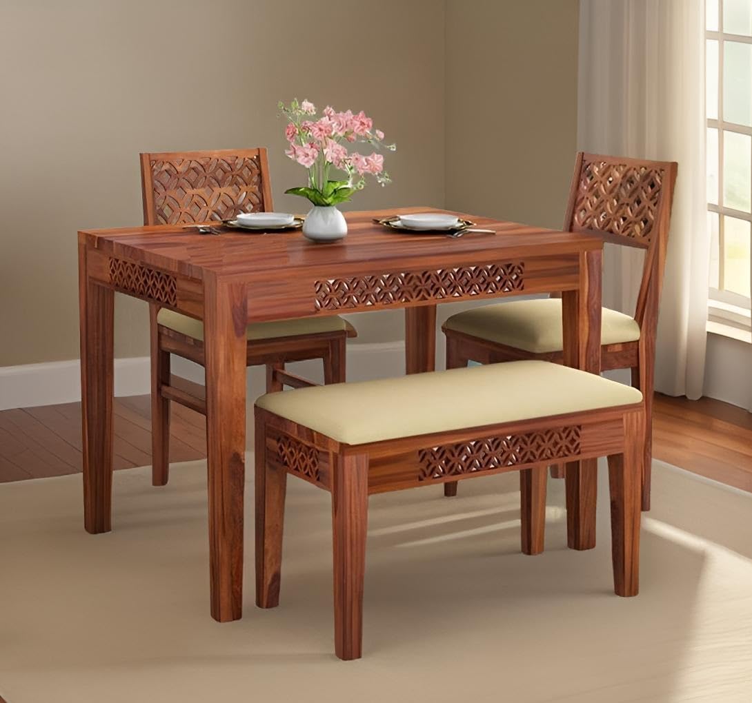 RosWoodZone Solid sheesham Wood 4 Seater Dining Room Set with 2 Chairs and 1 Bench (Finish-Honey)-image-15
