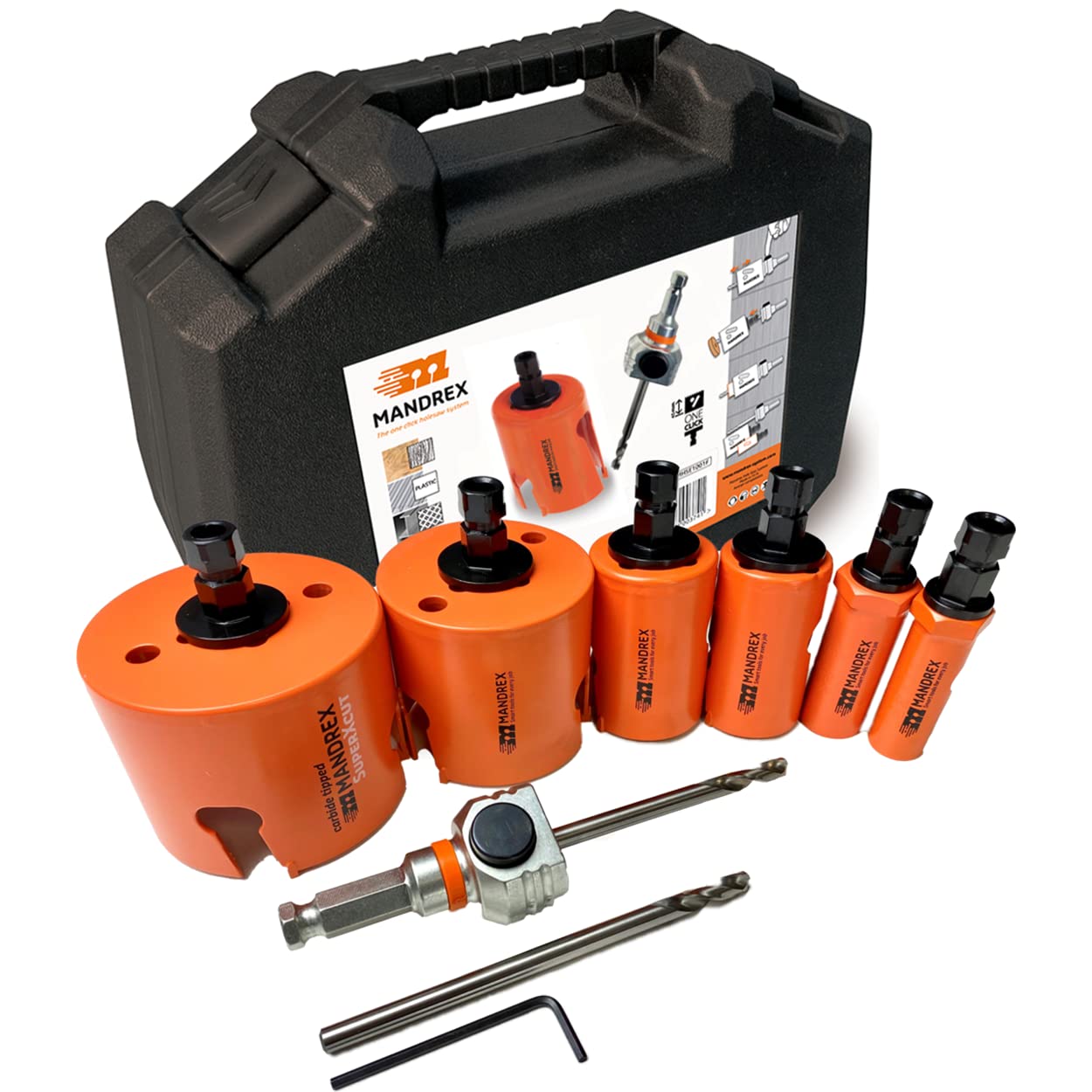 Mandrex SuperXcut Hole Saw Set, 10 Pieces, Carbide Teeth with 60 mm Cutting Depth for Wood, MDF & Pieces, Diameter 19 - 83 mm