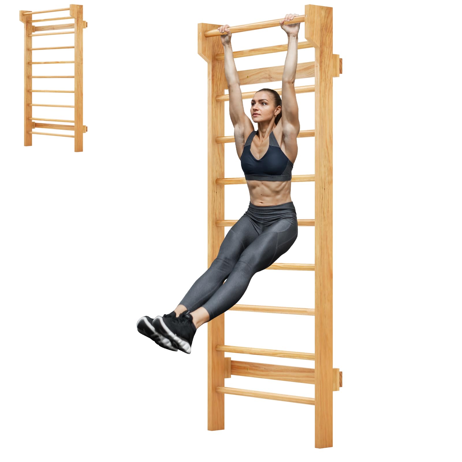 GYMAX Espaldera Gimnasio para Niños y Adultos, Carga de hasta 100 kg, 195 x 80 x 14 cm, Escalera Sueca con 10 Barras, Espaldera de Madera de Pino para Gimnasia, Fitness