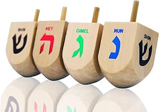 Hanukkah Dreidel 4 Extra Large Wooden Dreidels Hand Painted - Includes Game Instruction Cards! (4-Pack XL Dreidels)