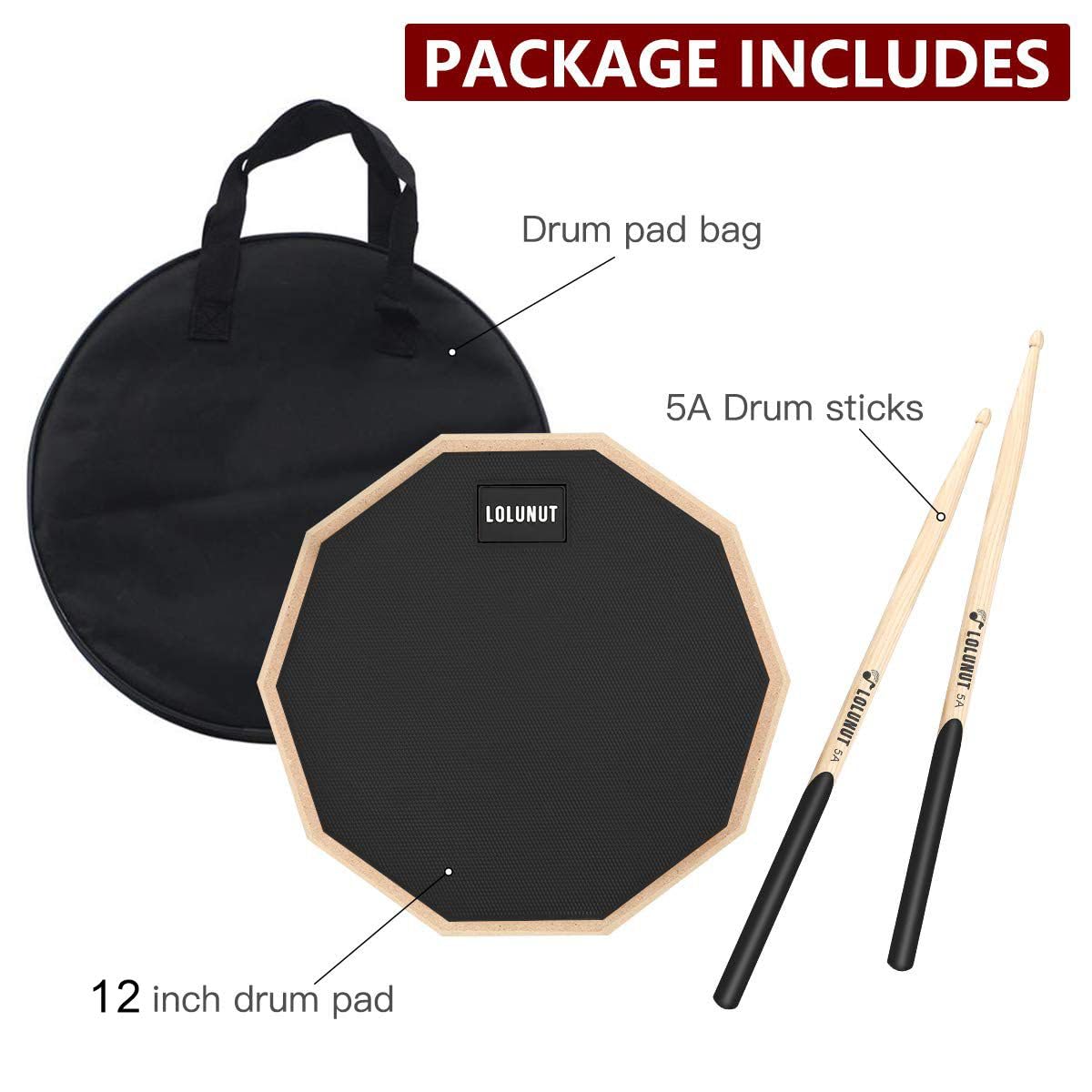 Almohadilla de tambor silenciosa de 12 pulgadas, almohadilla de práctica de goma para principiantes, con palillos de tambor 5A y bolsa de almacenamiento (negro)