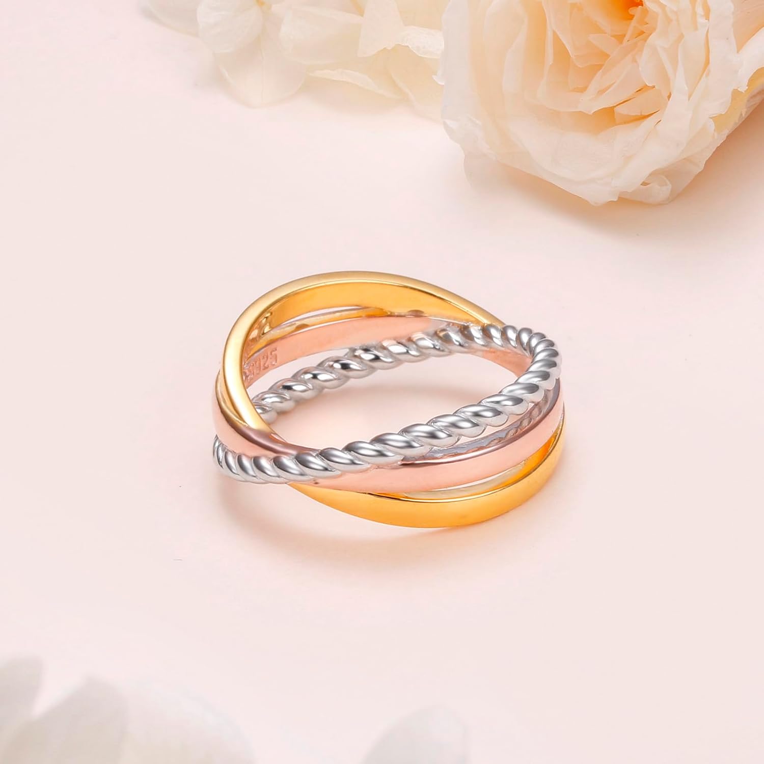 925 Sterling Silver Trinity Ring for Women Tricolor Criss Cross Interlocked Stackable Ring Jewelry Gift