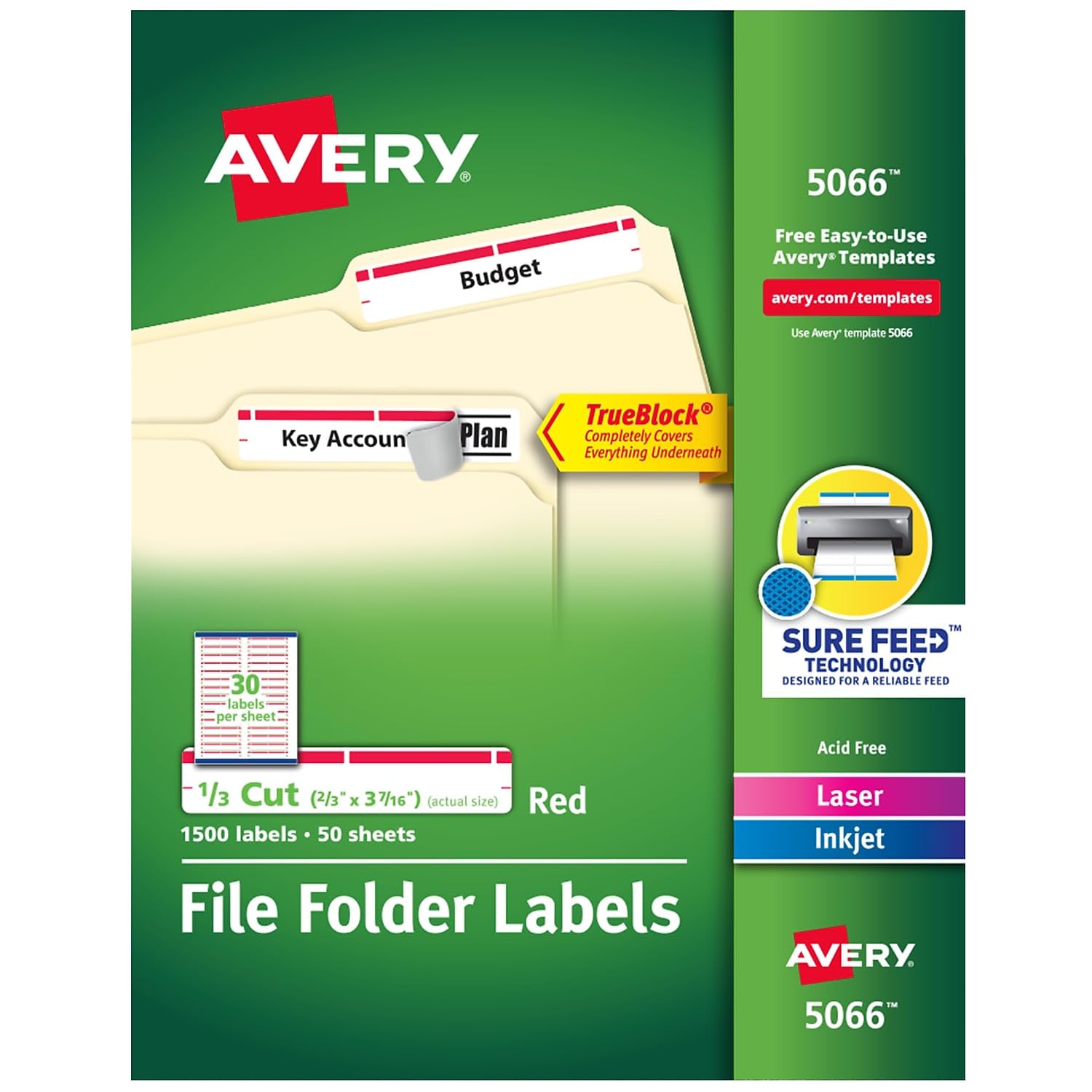 New – Self-Adhesive laser/inkjet file Folder Labels, White, red Border, 1500/Box – 5066