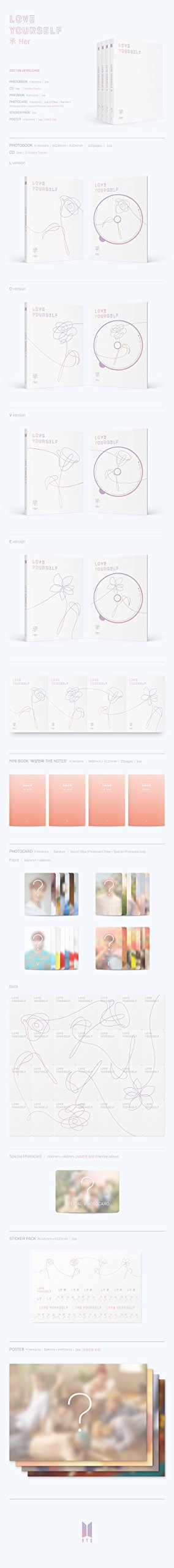 BTS - [Love Yourself 承 'HER' ]5th Mini Album Random Ver CD+Photobook+Mini Book+PhotoCard+Sticker+Poster+extra Photocards Set SEALED Bangtan