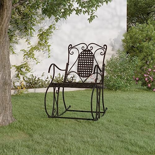 GeenYuu Silla mecedora de 84 cm de acero negro con respaldo alto para terraza, balcón y exterior, cómodo banco con estructura de metal estable y diseño elegante