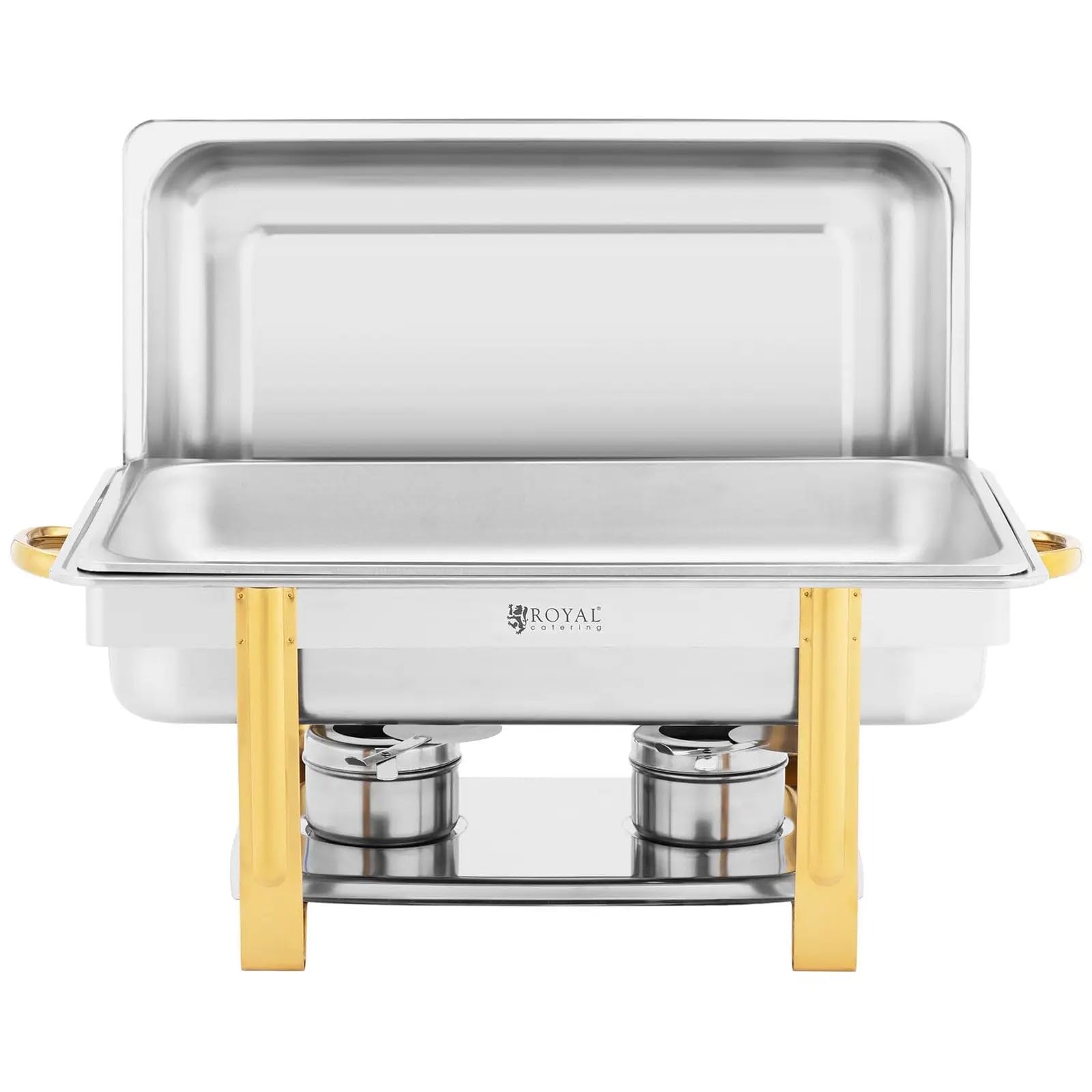 Helloshop26 Chafing Dish GN 1/1 Acentos Dorados 9 Litros 2 Quemadores Acero Inoxidable Plateado 14_0008575